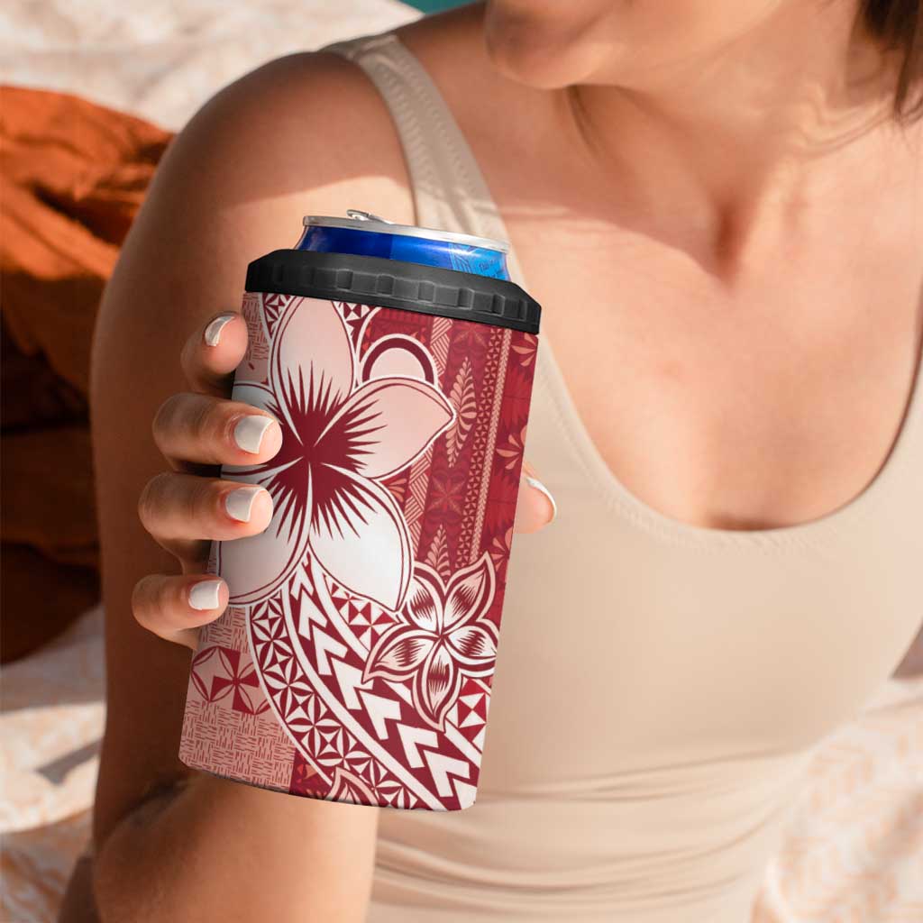 Tonga Kupesi Ngatu 4 in 1 Can Cooler Tumbler Vintage Red Plumeria LT05 - Polynesian Pride