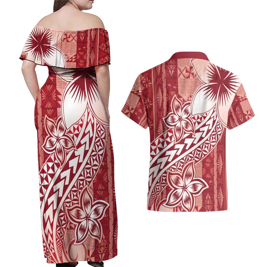 Tonga Kupesi Ngatu Couples Matching Off Shoulder Maxi Dress and Hawaiian Shirt Vintage Red Plumeria
