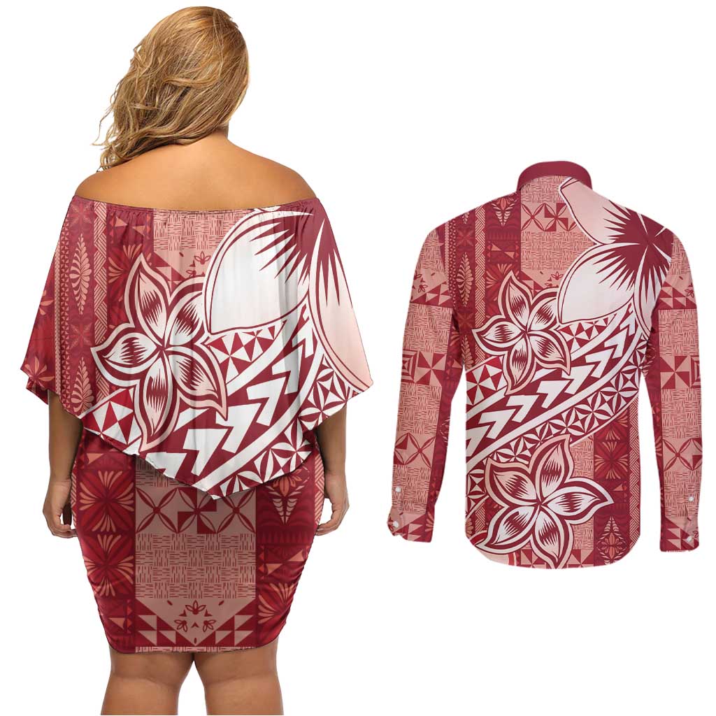 Tonga Kupesi Ngatu Couples Matching Off Shoulder Short Dress and Long Sleeve Button Shirt Vintage Red Plumeria