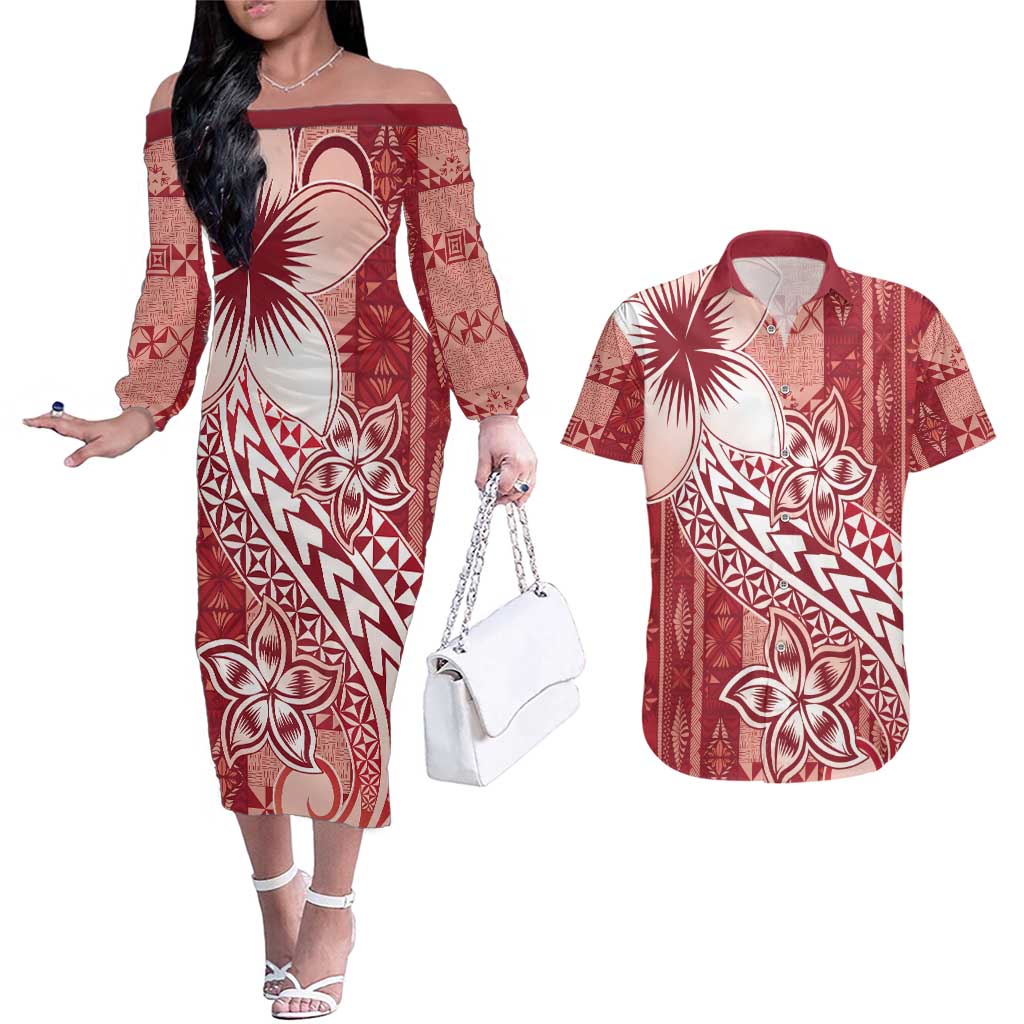 Tonga Kupesi Ngatu Couples Matching Off The Shoulder Long Sleeve Dress and Hawaiian Shirt Vintage Red Plumeria
