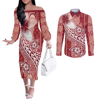 Tonga Kupesi Ngatu Couples Matching Off The Shoulder Long Sleeve Dress and Long Sleeve Button Shirt Vintage Red Plumeria