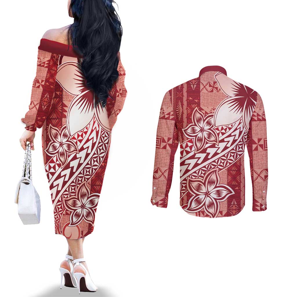 Tonga Kupesi Ngatu Couples Matching Off The Shoulder Long Sleeve Dress and Long Sleeve Button Shirt Vintage Red Plumeria