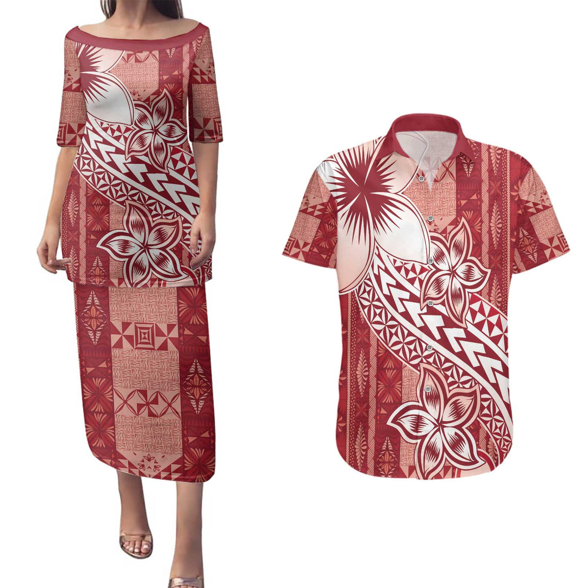 Tonga Kupesi Ngatu Couples Matching Puletasi and Hawaiian Shirt Vintage Red Plumeria LT05 Red - Polynesian Pride