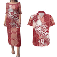Tonga Kupesi Ngatu Couples Matching Puletasi and Hawaiian Shirt Vintage Red Plumeria LT05 Red - Polynesian Pride