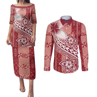 Tonga Kupesi Ngatu Couples Matching Puletasi and Long Sleeve Button Shirt Vintage Red Plumeria LT05 Red - Polynesian Pride