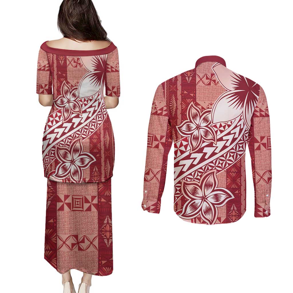 Tonga Kupesi Ngatu Couples Matching Puletasi and Long Sleeve Button Shirt Vintage Red Plumeria LT05 - Polynesian Pride