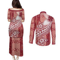 Tonga Kupesi Ngatu Couples Matching Puletasi and Long Sleeve Button Shirt Vintage Red Plumeria LT05 - Polynesian Pride