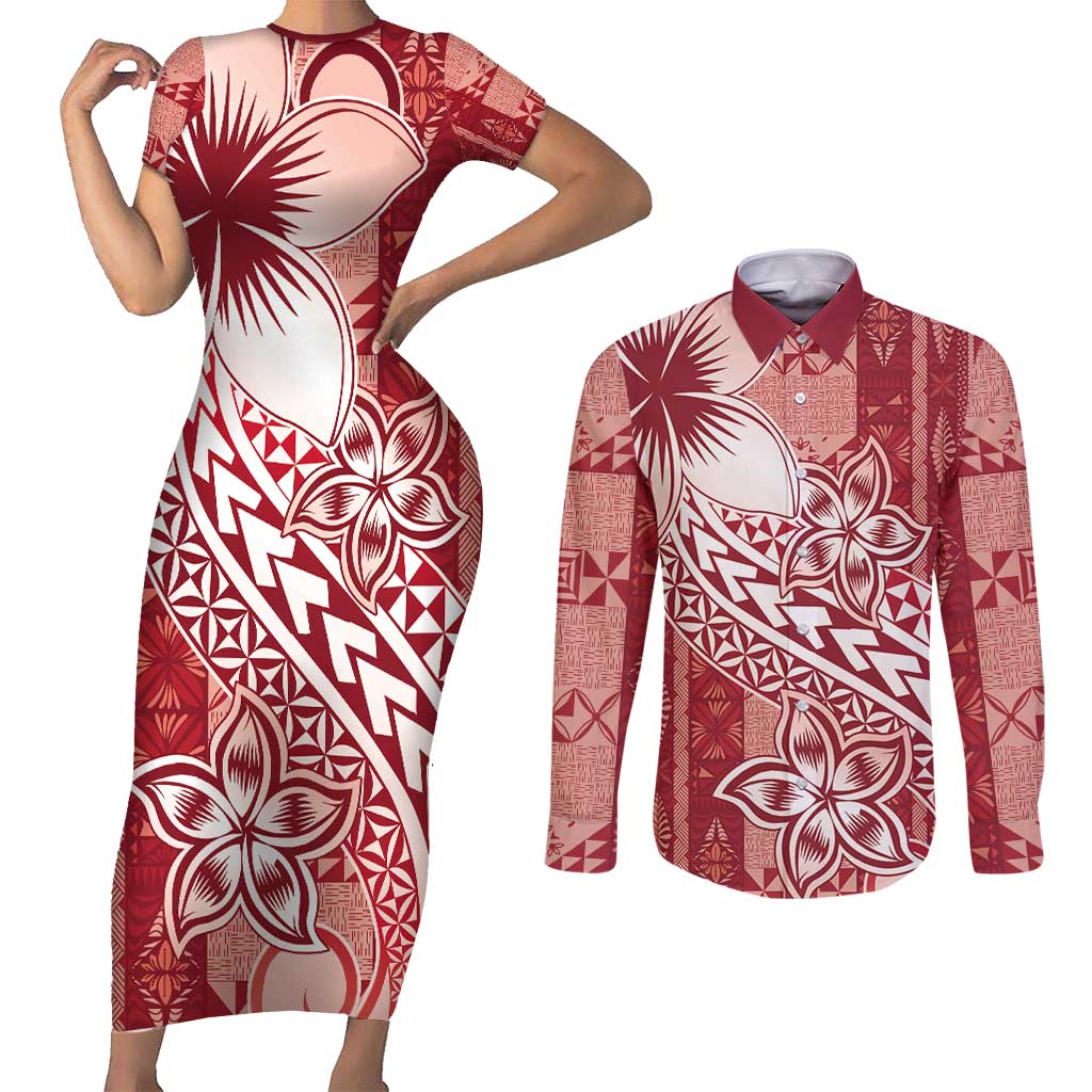 Tonga Kupesi Ngatu Couples Matching Short Sleeve Bodycon Dress and Long Sleeve Button Shirt Vintage Red Plumeria LT05 Red - Polynesian Pride