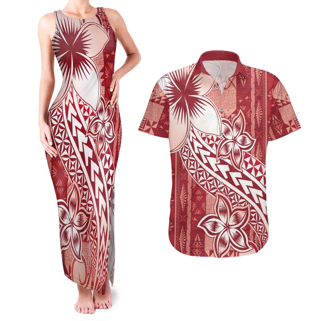 Tonga Kupesi Ngatu Couples Matching Tank Maxi Dress and Hawaiian Shirt Vintage Red Plumeria LT05 Red - Polynesian Pride