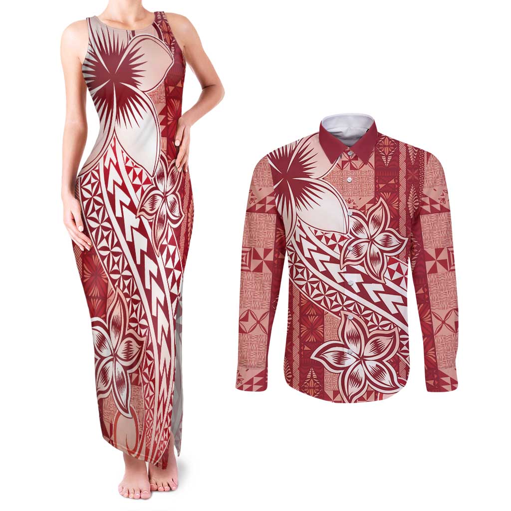 Tonga Kupesi Ngatu Couples Matching Tank Maxi Dress and Long Sleeve Button Shirt Vintage Red Plumeria LT05 Red - Polynesian Pride