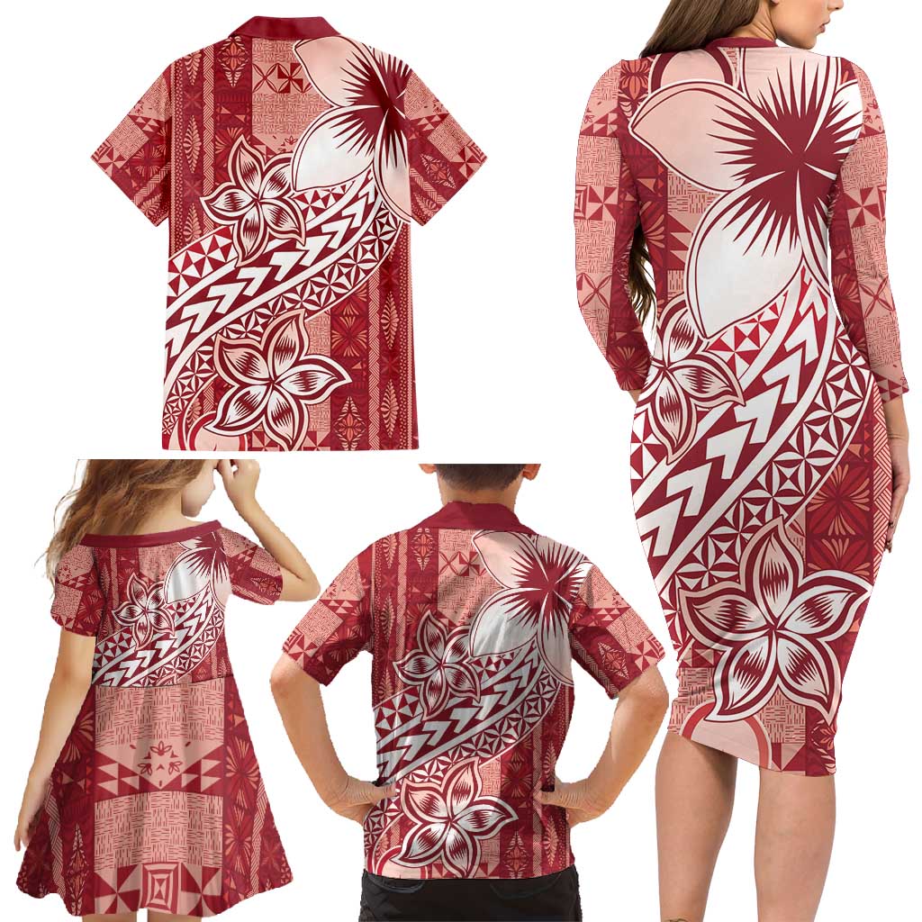 Tonga Kupesi Ngatu Family Matching Long Sleeve Bodycon Dress and Hawaiian Shirt Vintage Red Plumeria