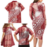 Tonga Kupesi Ngatu Family Matching Long Sleeve Bodycon Dress and Hawaiian Shirt Vintage Red Plumeria