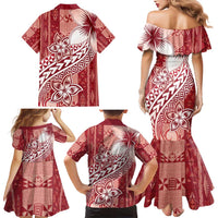 Tonga Kupesi Ngatu Family Matching Mermaid Dress and Hawaiian Shirt Vintage Red Plumeria