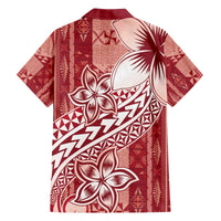 Tonga Kupesi Ngatu Family Matching Off The Shoulder Long Sleeve Dress and Hawaiian Shirt Vintage Red Plumeria