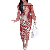 Tonga Kupesi Ngatu Family Matching Off The Shoulder Long Sleeve Dress and Hawaiian Shirt Vintage Red Plumeria