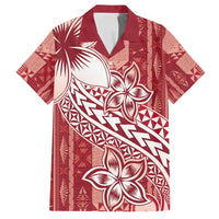 Tonga Kupesi Ngatu Family Matching Off Shoulder Short Dress and Hawaiian Shirt Vintage Red Plumeria