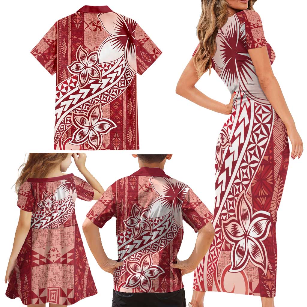 Tonga Kupesi Ngatu Family Matching Short Sleeve Bodycon Dress and Hawaiian Shirt Vintage Red Plumeria