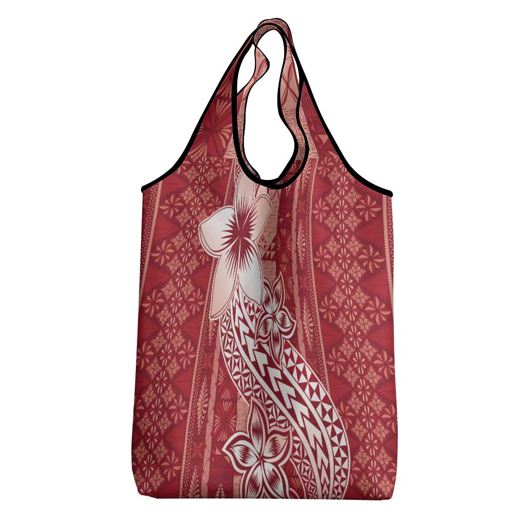 Tonga Kupesi Ngatu Grocery Bag Vintage Red Plumeria LT05 - Polynesian Pride