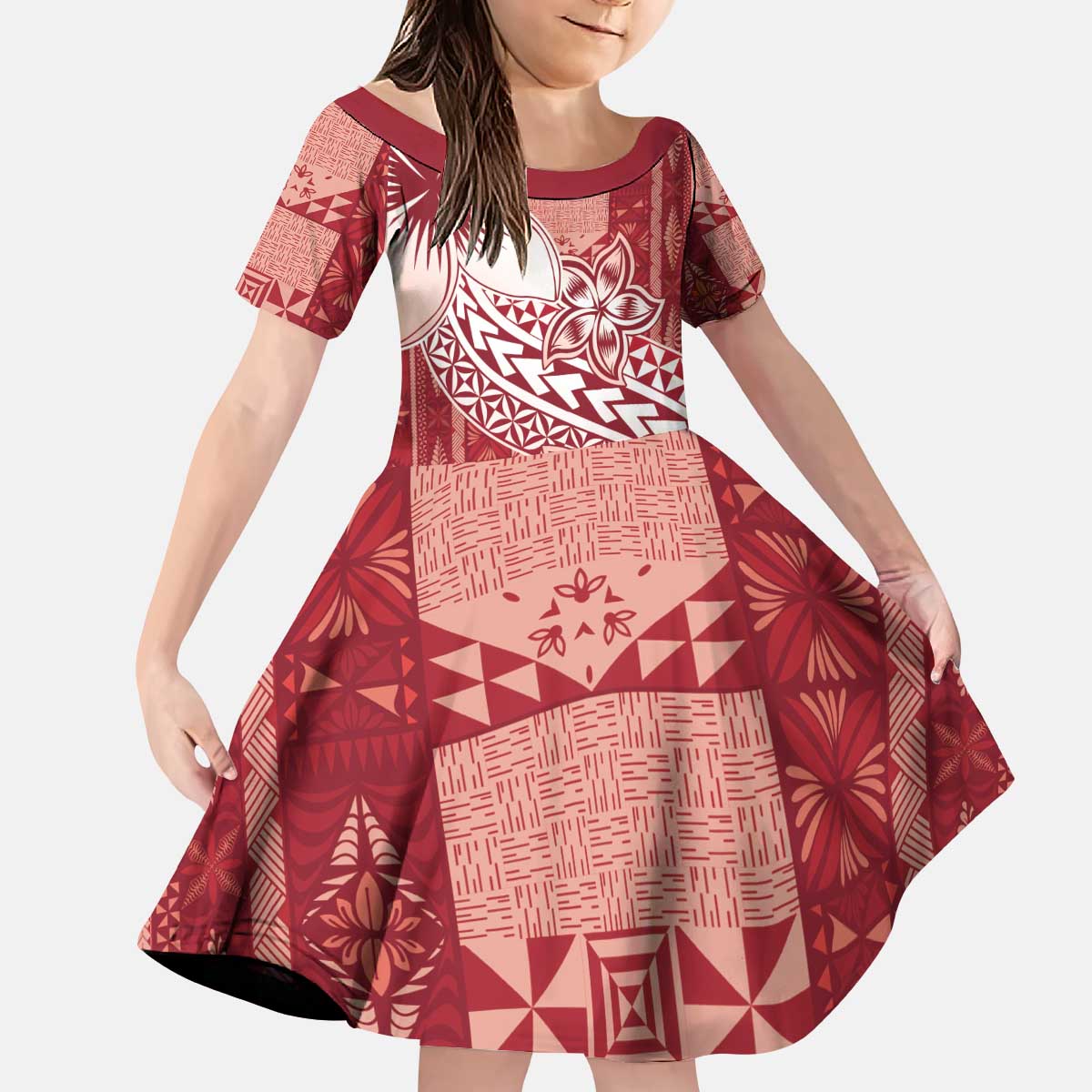 Tonga Kupesi Ngatu Kid Short Sleeve Dress Vintage Red Plumeria LT05 KID Red - Polynesian Pride