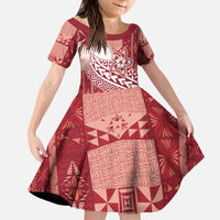 Tonga Kupesi Ngatu Kid Short Sleeve Dress Vintage Red Plumeria LT05 KID Red - Polynesian Pride