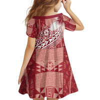 Tonga Kupesi Ngatu Kid Short Sleeve Dress Vintage Red Plumeria LT05 - Polynesian Pride
