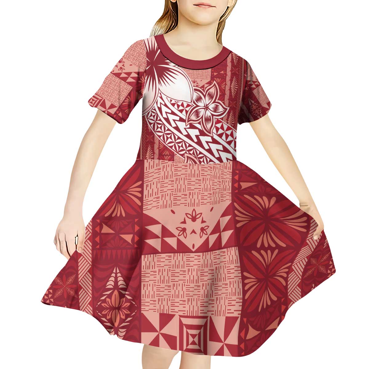 Tonga Kupesi Ngatu Kid Short Sleeve Dress Vintage Red Plumeria LT05 - Polynesian Pride