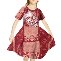 Tonga Kupesi Ngatu Kid Short Sleeve Dress Vintage Red Plumeria LT05 - Polynesian Pride