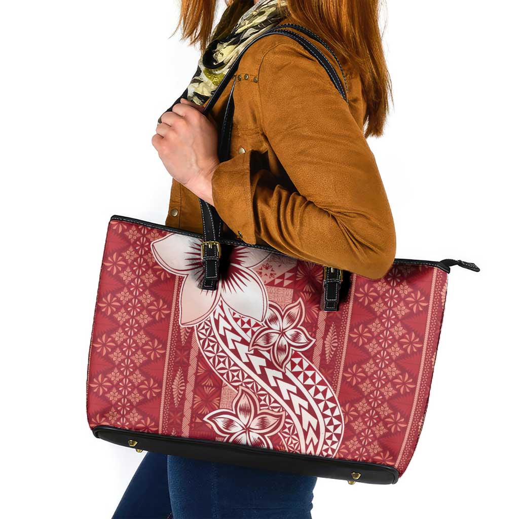 Tonga Kupesi Ngatu Leather Tote Bag Vintage Red Plumeria