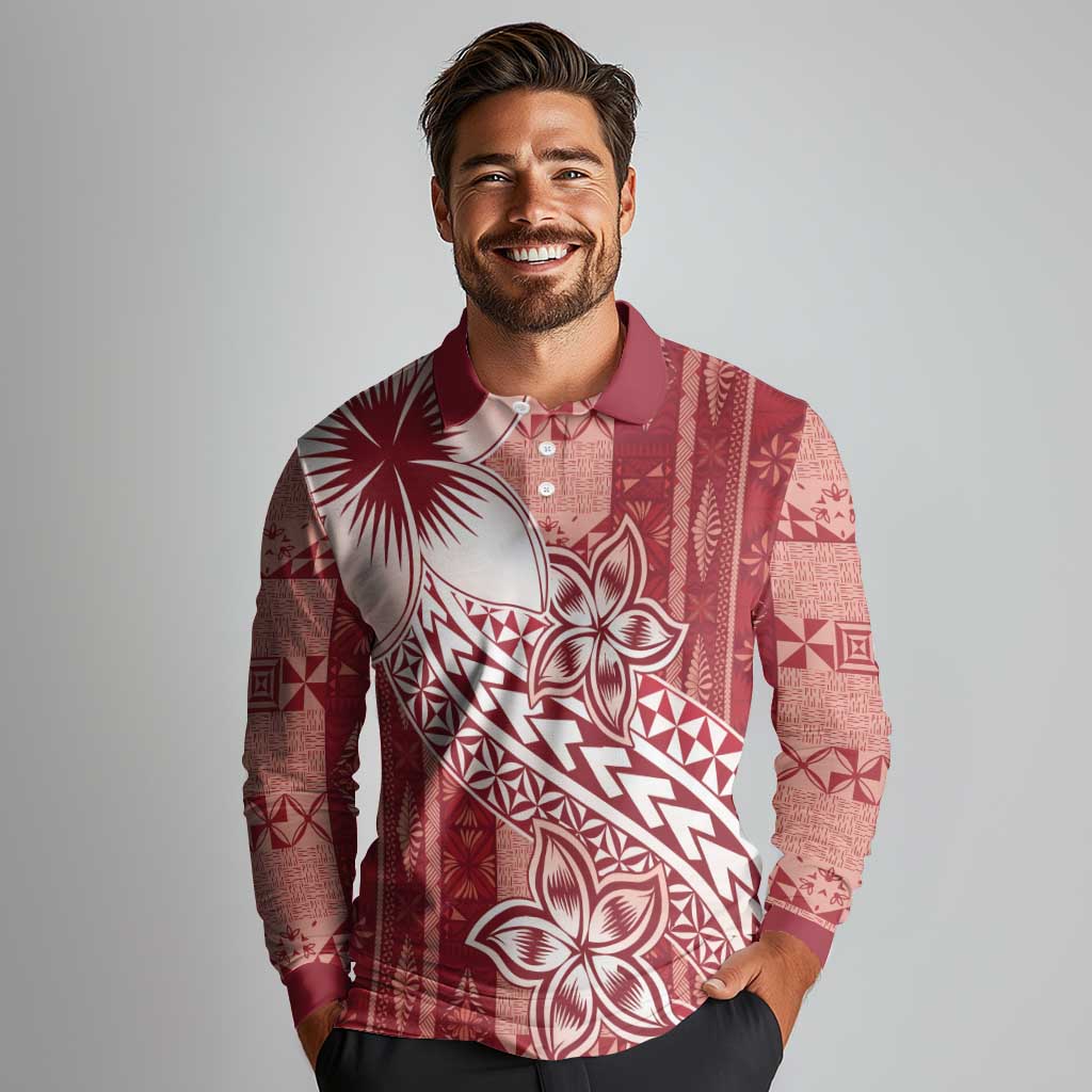 Tonga Kupesi Ngatu Long Sleeve Polo Shirt Vintage Red Plumeria