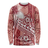 Tonga Kupesi Ngatu Long Sleeve Shirt Vintage Red Plumeria LT05 Unisex Red - Polynesian Pride