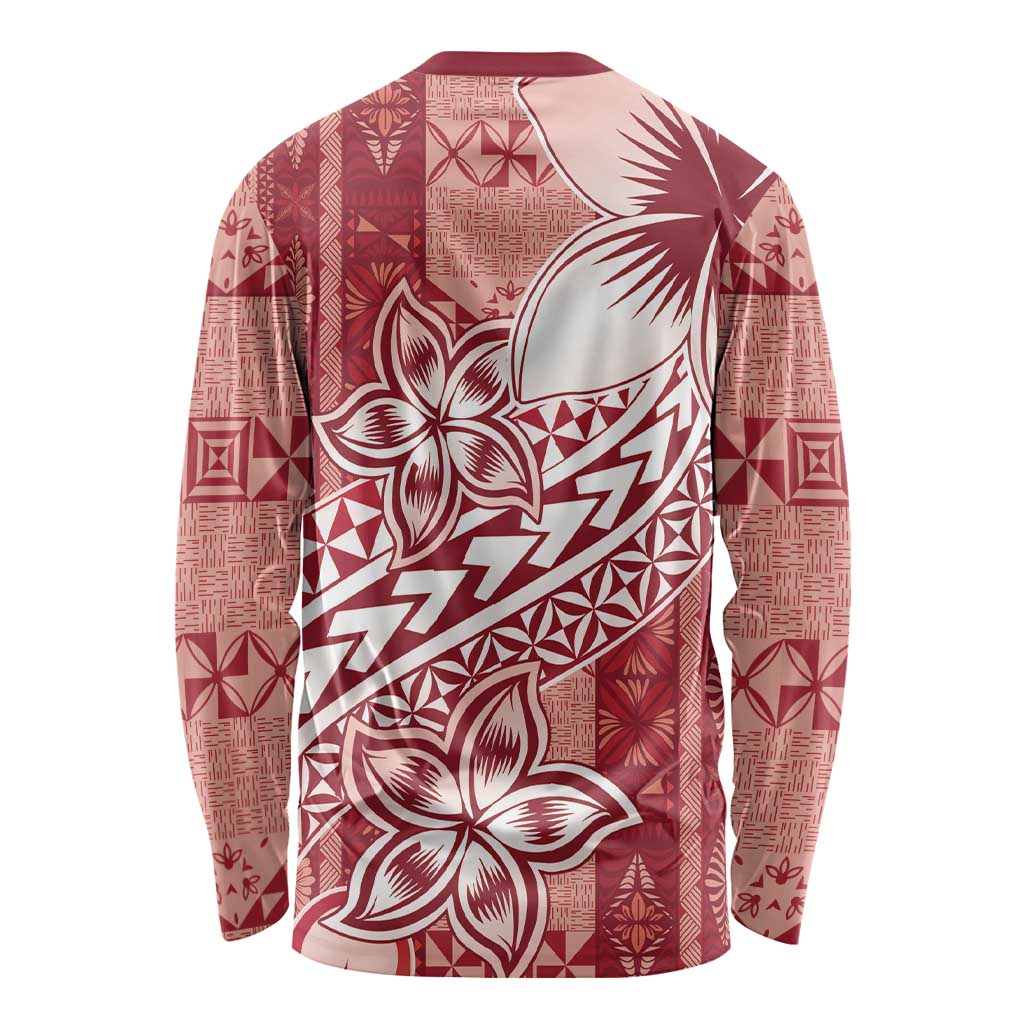 Tonga Kupesi Ngatu Long Sleeve Shirt Vintage Red Plumeria LT05 - Polynesian Pride