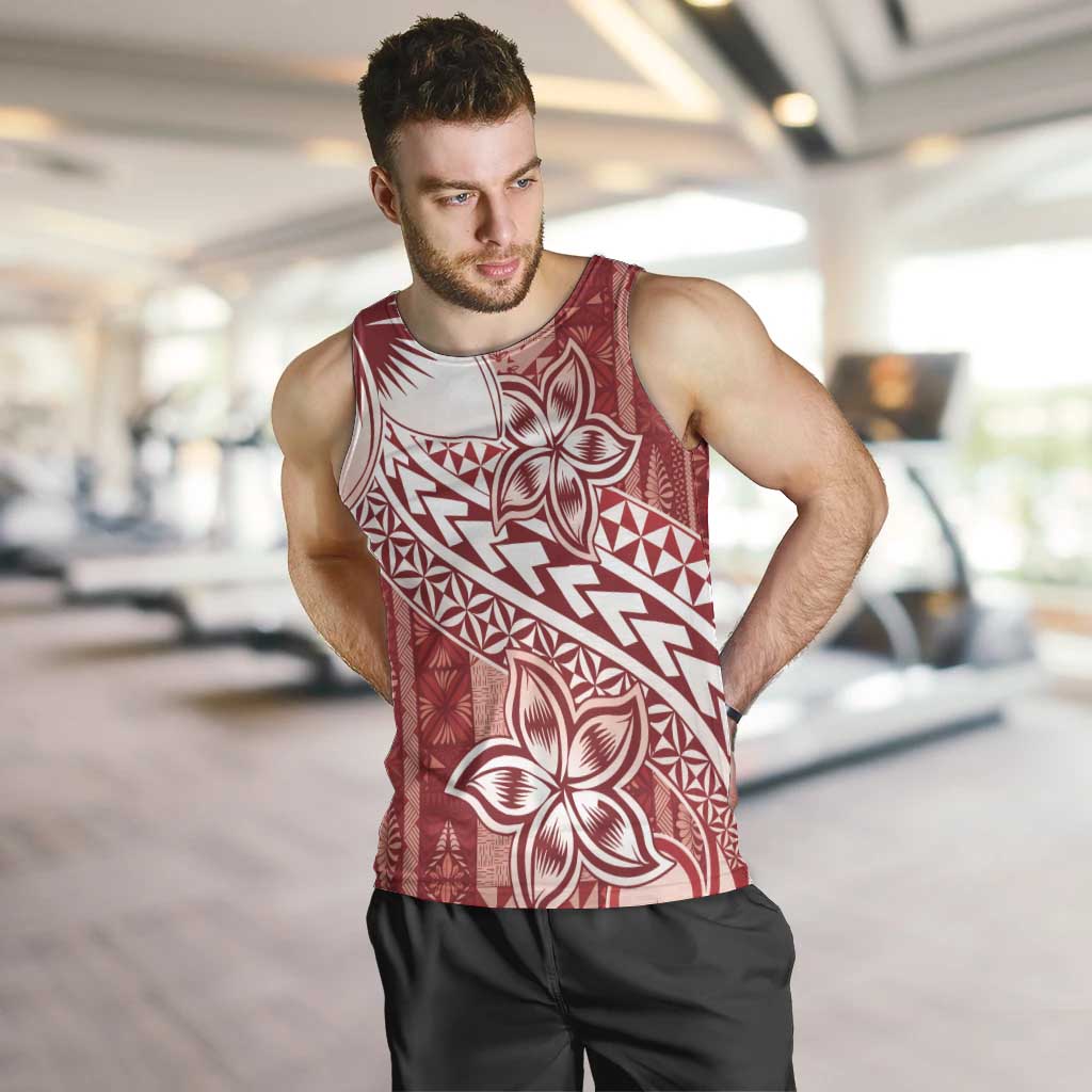 Tonga Kupesi Ngatu Men Tank Top Vintage Red Plumeria LT05 Red - Polynesian Pride