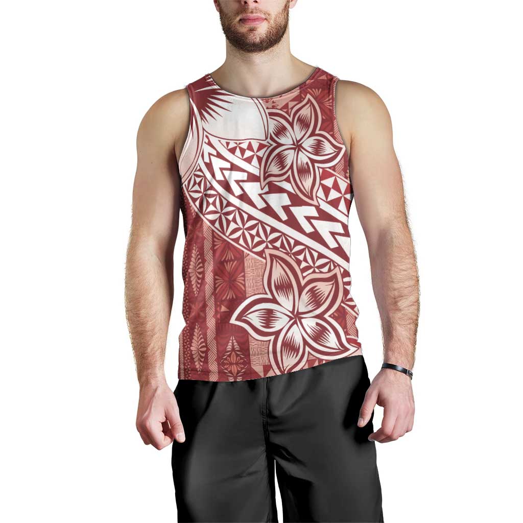 Tonga Kupesi Ngatu Men Tank Top Vintage Red Plumeria LT05 - Polynesian Pride