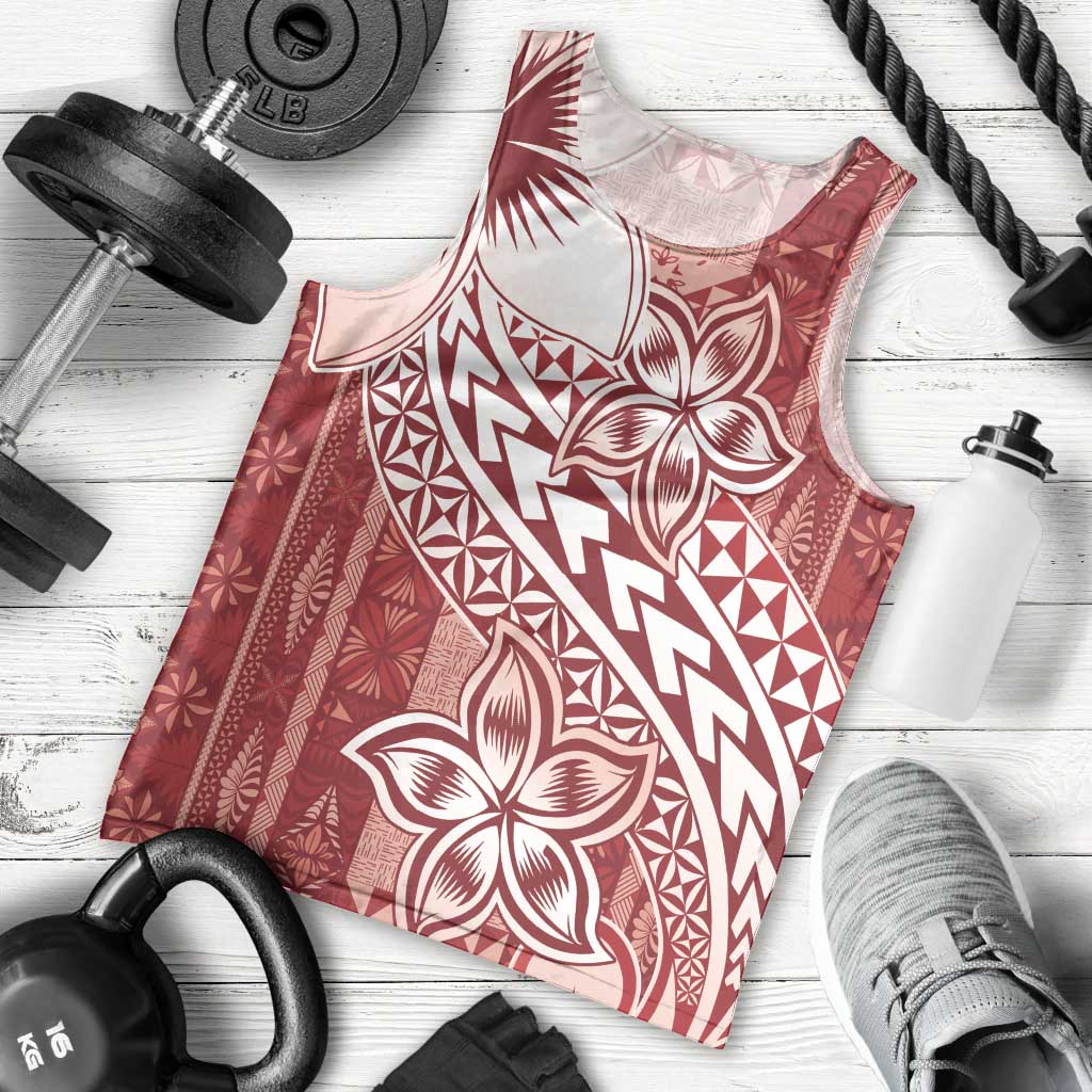 Tonga Kupesi Ngatu Men Tank Top Vintage Red Plumeria LT05 - Polynesian Pride