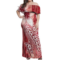 Tonga Kupesi Ngatu Off Shoulder Maxi Dress Vintage Red Plumeria