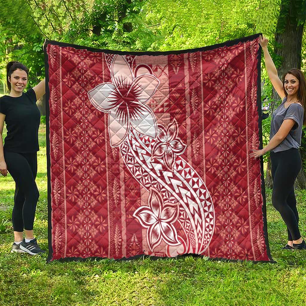 Tonga Kupesi Ngatu Quilt Vintage Red Plumeria