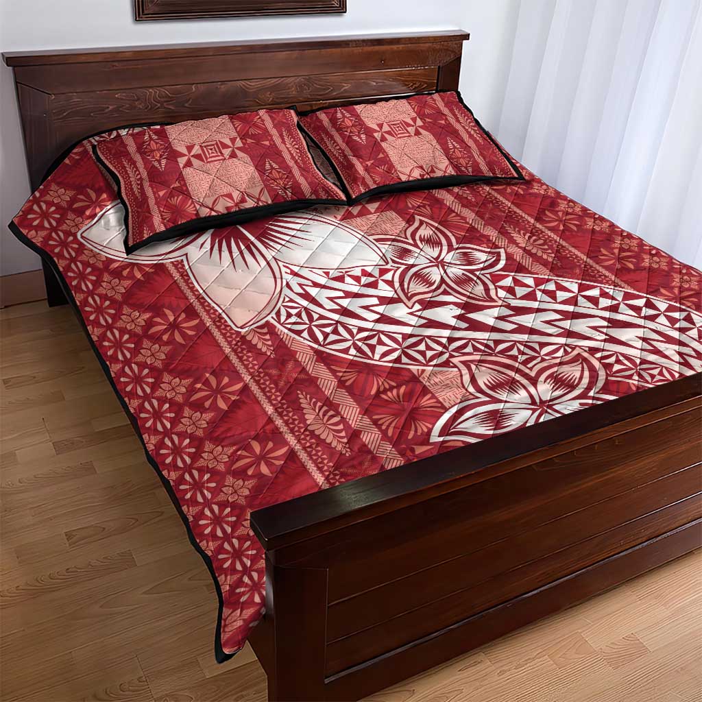 Tonga Kupesi Ngatu Quilt Bed Set Vintage Red Plumeria