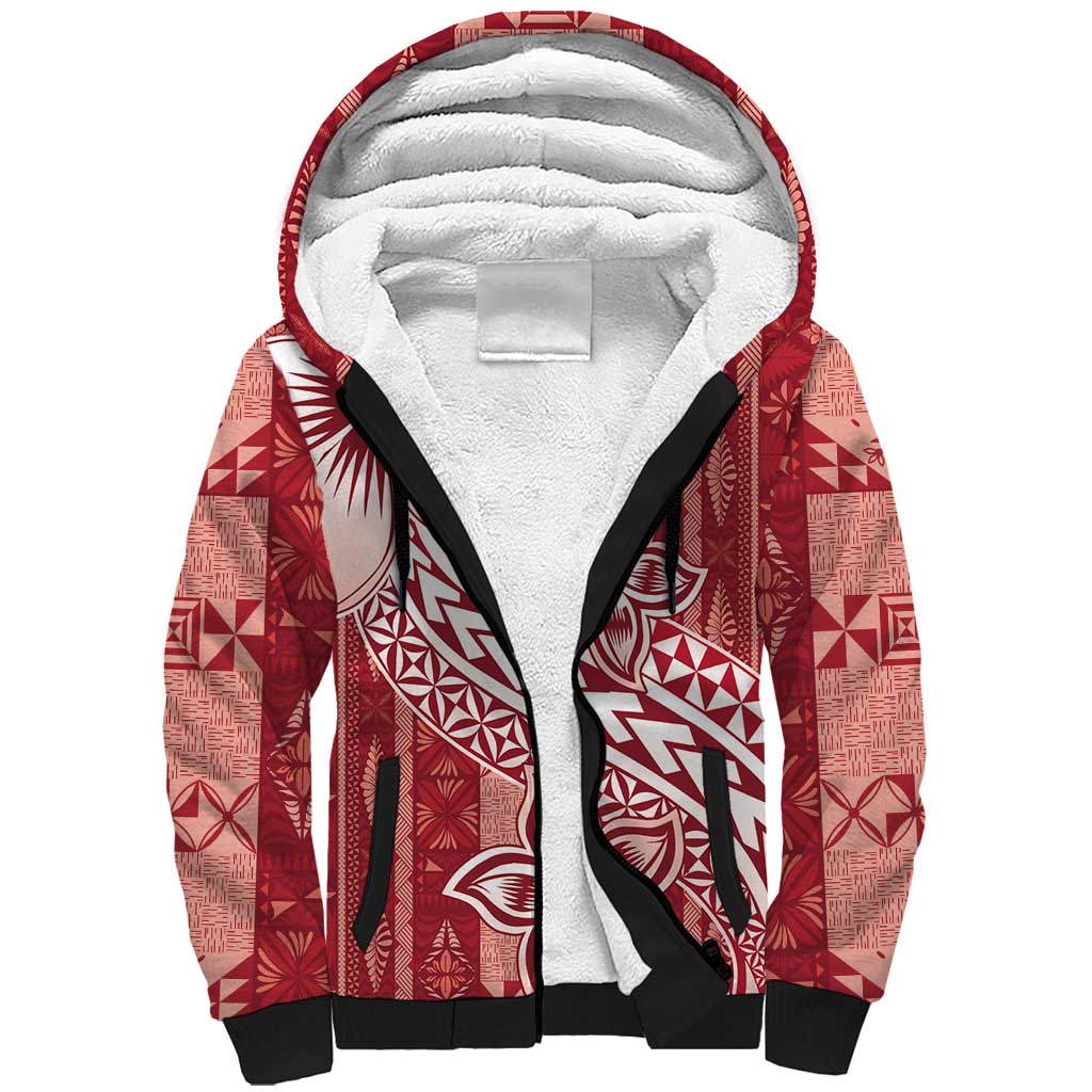 Tonga Kupesi Ngatu Sherpa Hoodie Vintage Red Plumeria LT05 Unisex Red - Polynesian Pride