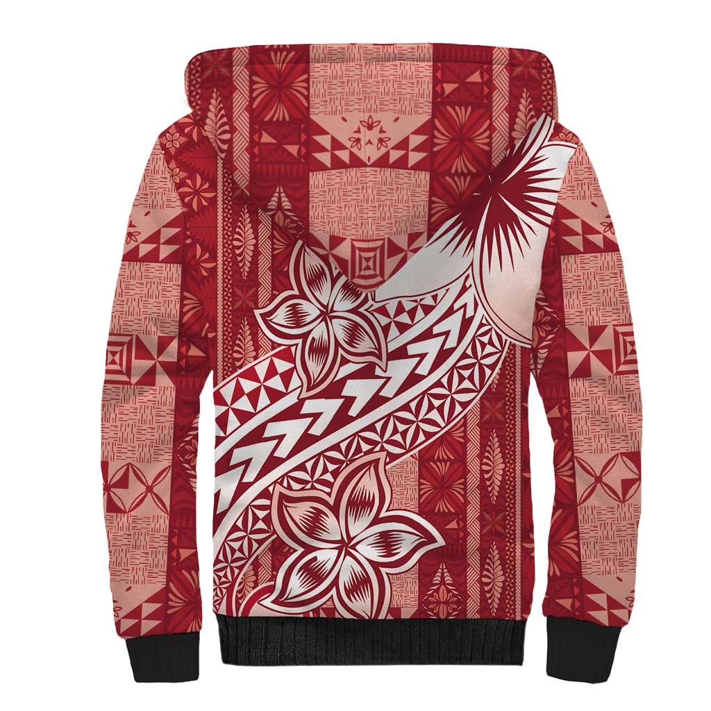 Tonga Kupesi Ngatu Sherpa Hoodie Vintage Red Plumeria LT05 - Polynesian Pride