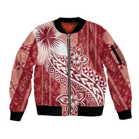 Tonga Kupesi Ngatu Sleeve Zip Bomber Jacket Vintage Red Plumeria