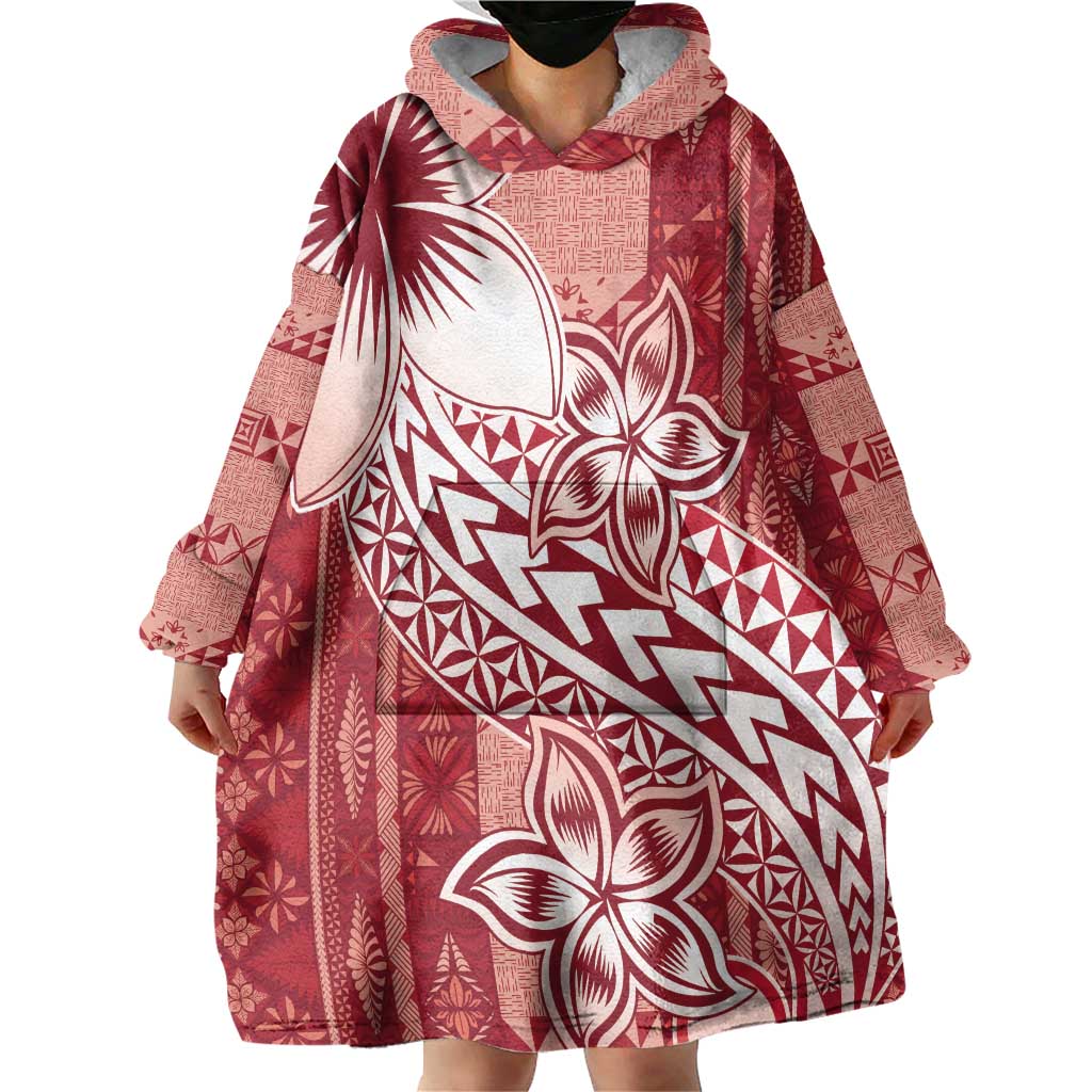 Tonga Kupesi Ngatu Wearable Blanket Hoodie Vintage Red Plumeria