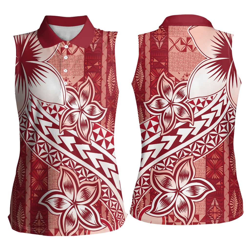 Tonga Kupesi Ngatu Women Sleeveless Polo Shirt Vintage Red Plumeria