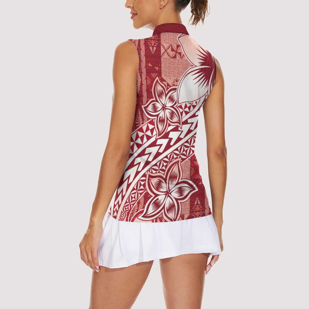 Tonga Kupesi Ngatu Women Sleeveless Polo Shirt Vintage Red Plumeria