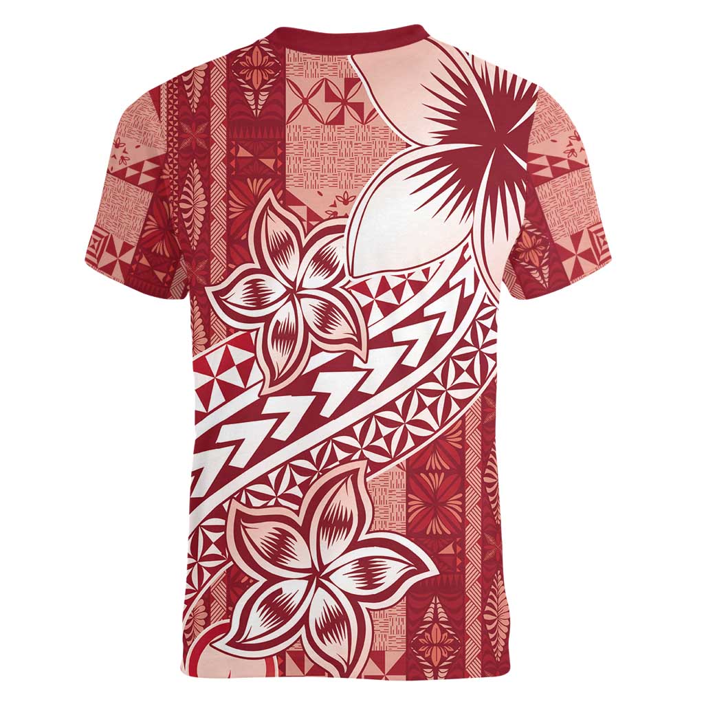Tonga Kupesi Ngatu Women V-Neck T-Shirt Vintage Red Plumeria