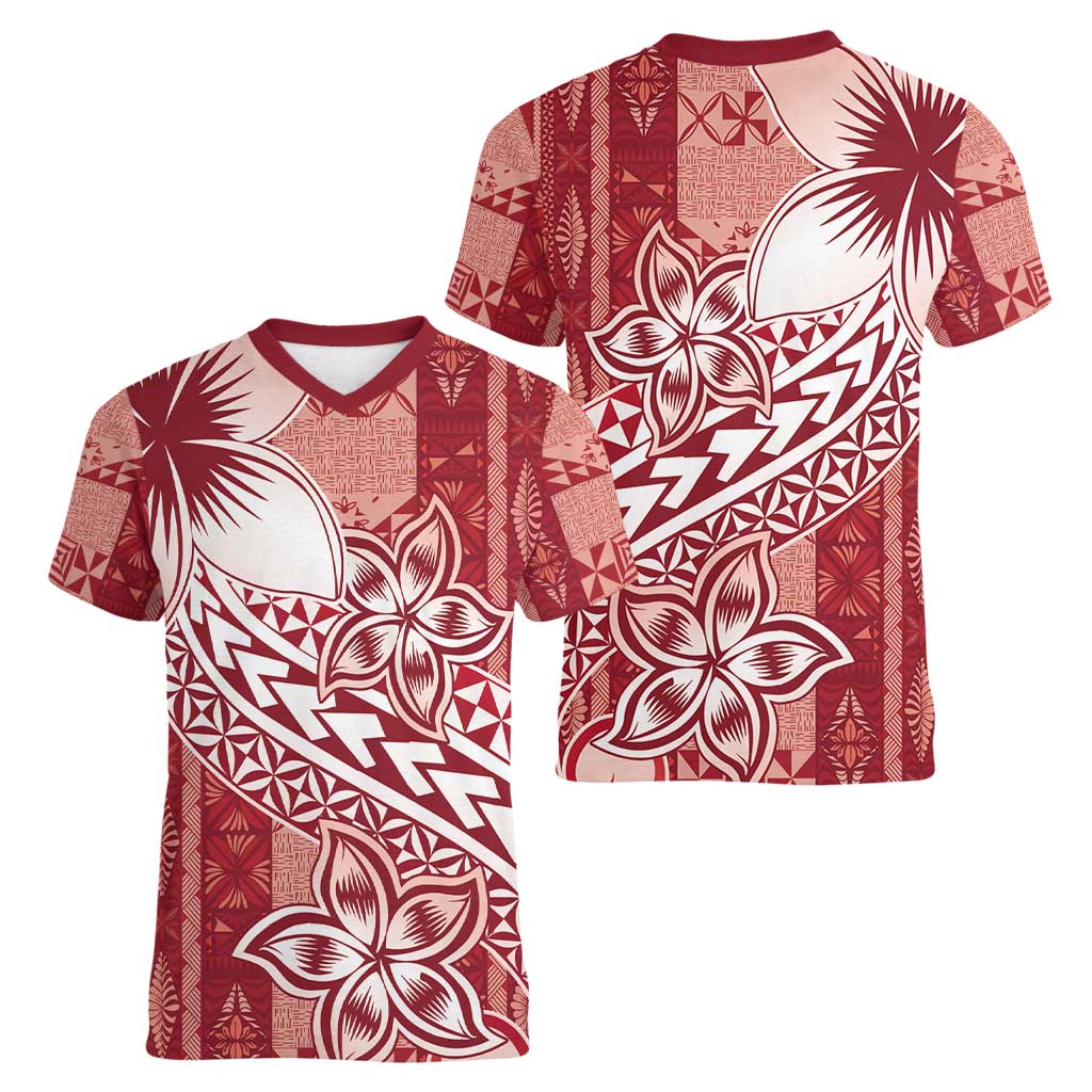 Tonga Kupesi Ngatu Women V-Neck T-Shirt Vintage Red Plumeria