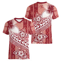 Tonga Kupesi Ngatu Women V-Neck T-Shirt Vintage Red Plumeria