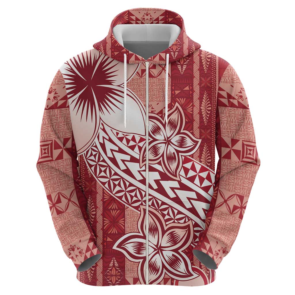 Tonga Kupesi Ngatu Zip Hoodie Vintage Red Plumeria