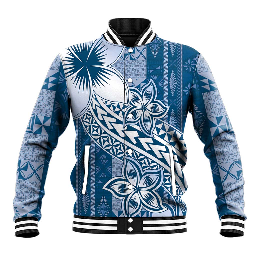 Tonga Kupesi Ngatu Baseball Jacket Vintage Blue Plumeria LT05 Unisex Blue - Polynesian Pride