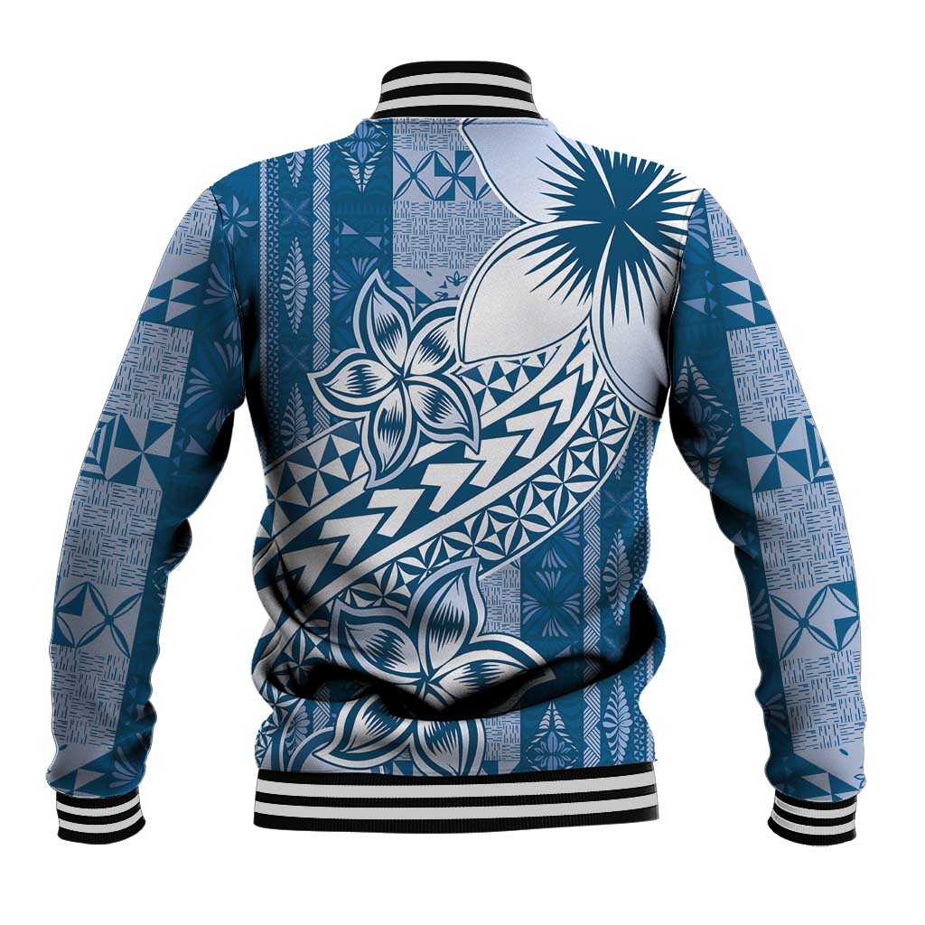 Tonga Kupesi Ngatu Baseball Jacket Vintage Blue Plumeria LT05 - Polynesian Pride
