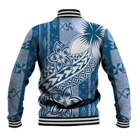 Tonga Kupesi Ngatu Baseball Jacket Vintage Blue Plumeria LT05 - Polynesian Pride
